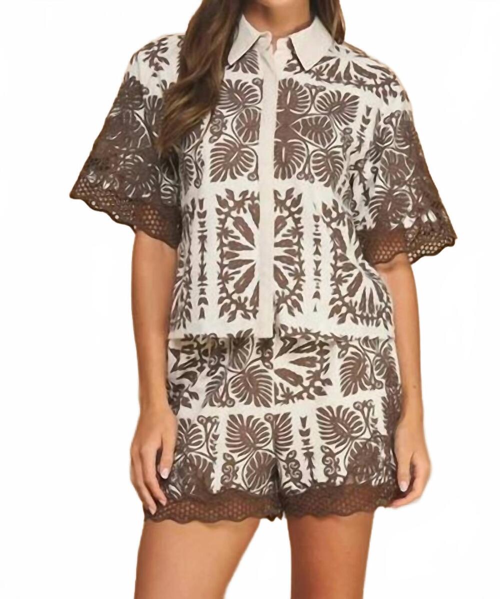 NEW STRUT & BOLT geometric leaf print embroidered linen shorts in brown/ecru